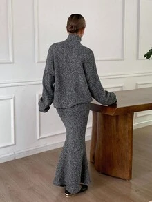 DAZY Women's Casual Solid Color Turtleneck Sweater And Skirt 2 Pieces Set, Autumn