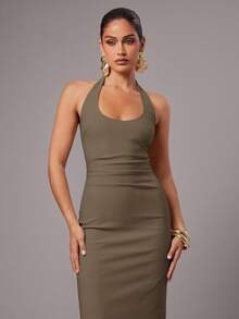 Silquee 女式纯白色露背吊带连衣裙，春夏 - 咖啡棕 - 查看 4