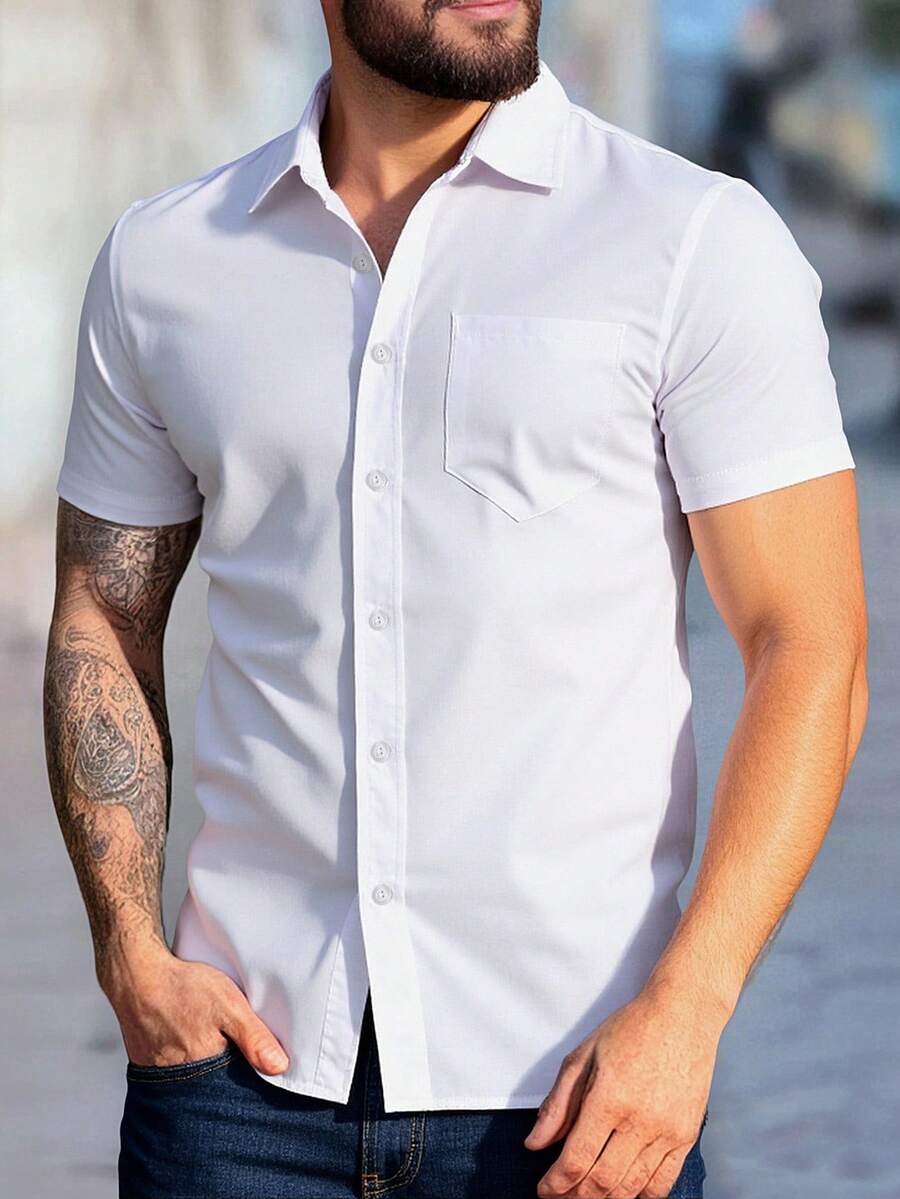 Manfinity Homme Áo sơ mi in tay ngắn giản dị, màu trơn đơn giản thời trang phù hợp cho mùa hè nam áo sơ mi bó sát áo sơ mi nam quần áo nam áo sơ mi nam tay ngắn - trắng - Xem 1