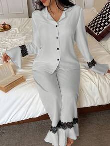 SHEIN 两件套女士休闲长袖撞色蕾丝上衣和裤子睡衣套装 关键词：两件套睡衣套装，秋冬服装 - 灰色 - 查看 3