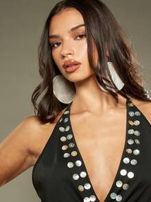 MISSGUIDED Áo yếm cổ yếm có nút cài với chi tiết đính đinh tán kim loại cho tiệc tùng lễ hội - màu đen - Xem 4