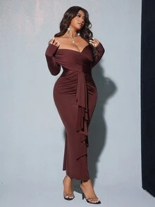 Viva Relle Valentine Plus Size Women's Solid Color Off Shoulder Long Sleeve Ruffle Hem Fitted Pleated Elegant Dress - Chocolate Brown - View 4