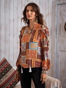 LanaWest Women's Autumn/Winter New Retro Western Paisley Asymmetrical Print Notched Neck Frill Trim Long Sleeve Tie-Up Tassel Loose Bohemian Style Casual Versatile Blouse Fall Cloth For Women - Brown - View 3