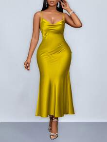 SOLERSUN 大码女装 挂脖、吊带、摆领、口袋领、低腰、交叉露背、鱼尾、长款绿色抹茶绿连衣裙、性感优雅派对礼服、姐妹晚礼服、女士长款缎面女装/春季女装 婚礼宾客礼服 女式演唱会服装 - 芥末黃 - 查看 6