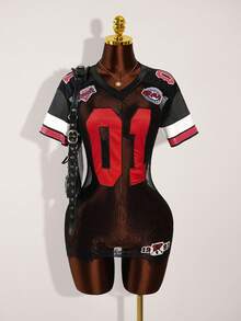 Amplova Váy ôm sát gợi cảm, cổ chữ V, tay ngắn, phối ren phong cách Jersey - màu đen - Xem 4