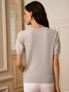 Omancia Women's Beaded Embroidered 3D Floral Casual Gentle Knit Short Sleeve Top, Suitable For Christmas, New Year, Thanksgiving, Halloween, Autumn/Winter