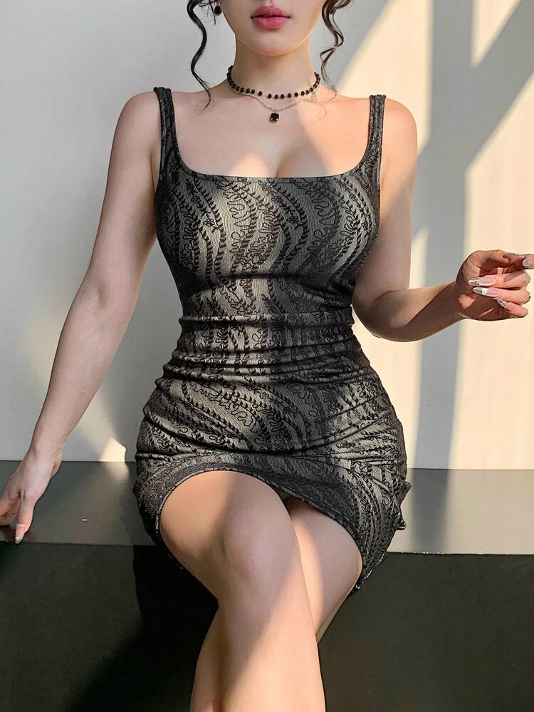 Floral Jacquard Thickened Fitted Waist Sleeveless Dress, Elegant For Banquet, Autumn/Winter