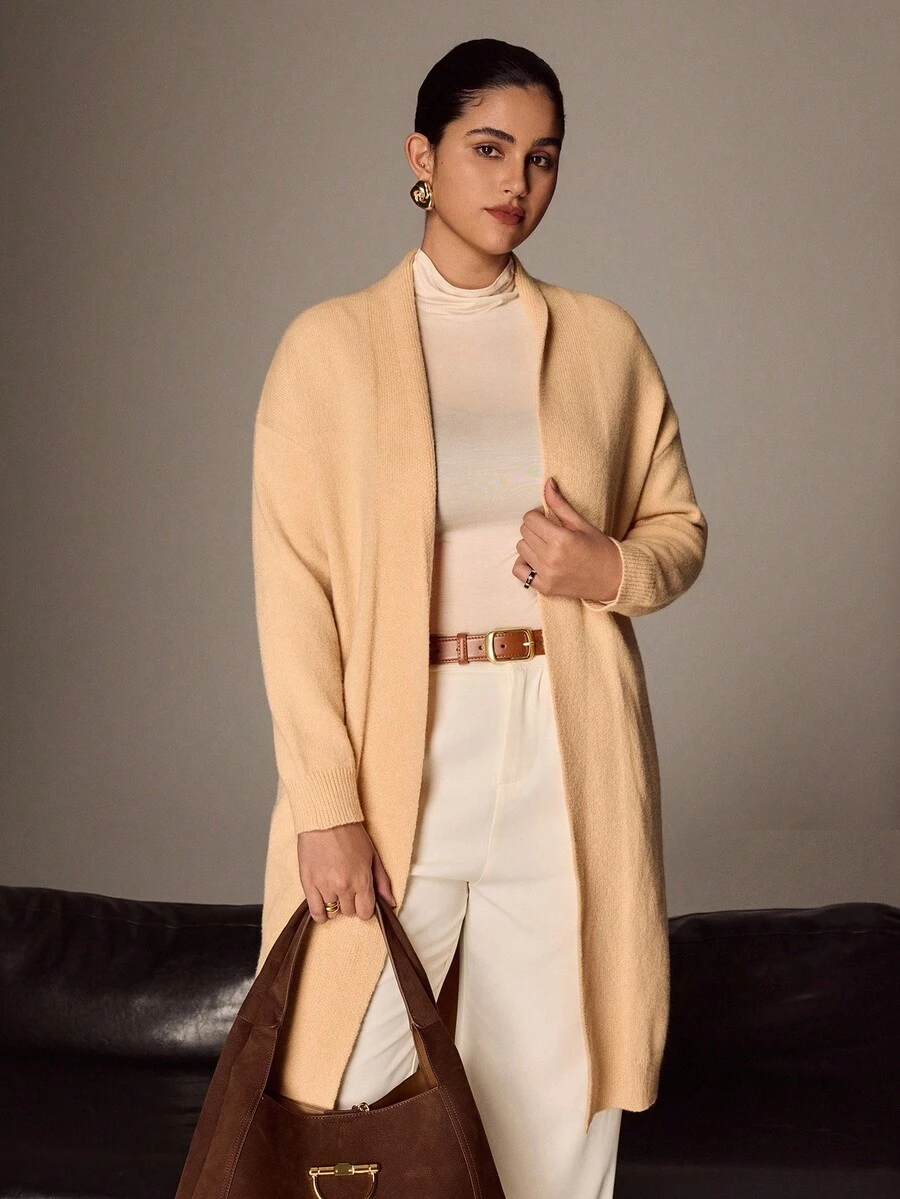 Juhart Áo khoác cardigan tay dài dáng rộng màu trơn thường ngày cỡ lớn dành cho nữ - Màu be - Xem 1