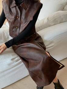 DAZY 女士秋冬PU皮单排扣背心和裙子两件套 - 咖啡棕 - 查看 3