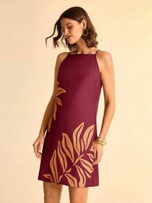 CAJUNI 女式波西米亚热带植物叶印花棕色细肩带迷你连衣裙，图案 - 酒紅色 - 查看 4