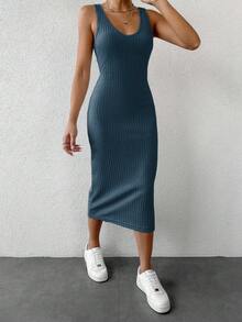 SHEIN Cottnline 2pcs Women Set: Solid Color Drop Shoulder Knit Long Sleeve Sweater Dress - Dark Green - View 5