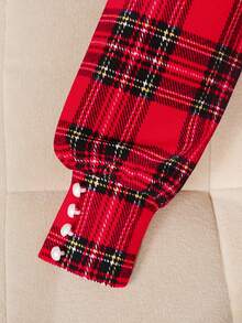 SHEIN Tween Girl Cute Red And White Plaid Dress,Autumn Elegant Puff Sleeve Square Collar Ruffle Hem Flare Dress For Christmas Party,Matching Family,Daily - Red - View 7