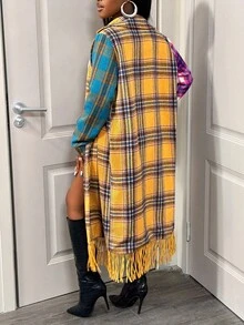 BamGleam 女士休闲长款格子流苏羊毛翻领大衣，秋冬 - 彩色 - 查看 2