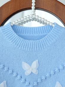 少女可爱休闲浅蓝色3D蝴蝶套头毛衣 毛衣 粉色毛衣 蓝色毛衣 蝴蝶毛衣 蓝色毛衣 毛衣 秋冬毛衣 手工毛衣 - 藍色 - 查看 3