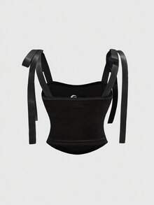 ROMWE Áo crop top hở lưng màu đen thêu hình trái tim phong cách cung điện Gothic dành cho nữ, đính đá, pha lê hình giọt nước, trang trí ngôi sao - màu đen - Xem 2