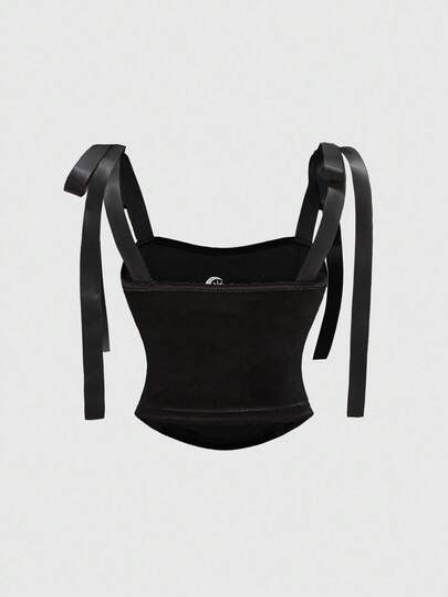 Goth Top court style gothique pour femmes avec broderie en forme de cœur, strass, cristal en forme de larme et décoration d'étoile