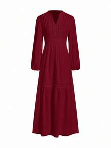 Gownix Women's Woven Jacquard Texture V-Neck Ruffle Hem Lace Trim Summer Dress - Burgundy - View 4