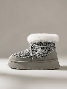 Solecia 灰色厚底针织保暖内衬雪地靴，新款时尚保暖女式雪地靴，厚底雪地靴，保暖户外靴 - 灰色 - 查看 3