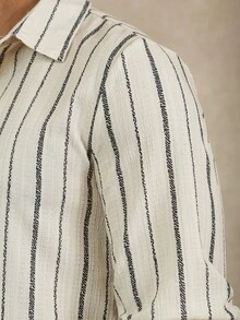 Manfinity Homme 男士休闲长袖有领衬衫 男士条纹亚麻衬衫 男士亚麻纽扣衬衫 男士亚麻衬衫 男士条纹衬衫，秋季 - 杏色 - 查看 6