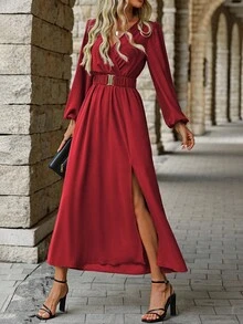 EMERY ROSE Đầm Maxi Nữ Tay Phồng Cổ Tim Màu Trơn, Cạp Cao, Xẻ Tà Cao Cấp - Đỏ - Xem 5