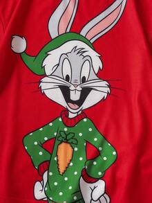 LOONEY TUNES X SHEIN Conjunto informal de camiseta de manga corta holgada con estampado de conejo y pantalones cortos para niña preadolescente, conjunto a juego para la familia en Navidad