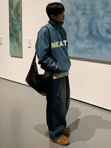 DAZY Men's Letter Embroidery Washed Blue Half-Zip Pullover Sweatshirt, Autumn - Blue - View 4