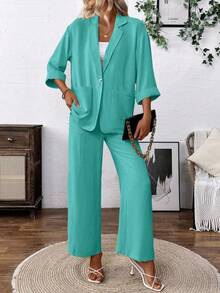 EMERY ROSE Women's Casual Linen-Like Blazer Suit Set - Blue - View 3