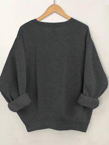 SHEIN LUNE 大码女式圆领长袖羊毛休闲运动衫，秋冬 - 深灰色 - 查看 2