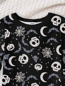 Toddler Boys' Halloween Pajamas Set, Black Base With Skull, Bat, Pumpkin, Spider Web, Moon Prints, Stretchy Knit Fabric, Comfortable Long Sleeve Top And Pants  Snug Fit Tight Fit Pajamas Boys Halloween Pajamas Toddler Boys Pajama Sets Boys 2 Piece Pajamas Halloween Boy Clothes Snug Fit Tight Fit Pajamas Fall Winter - Multicolor - View 4