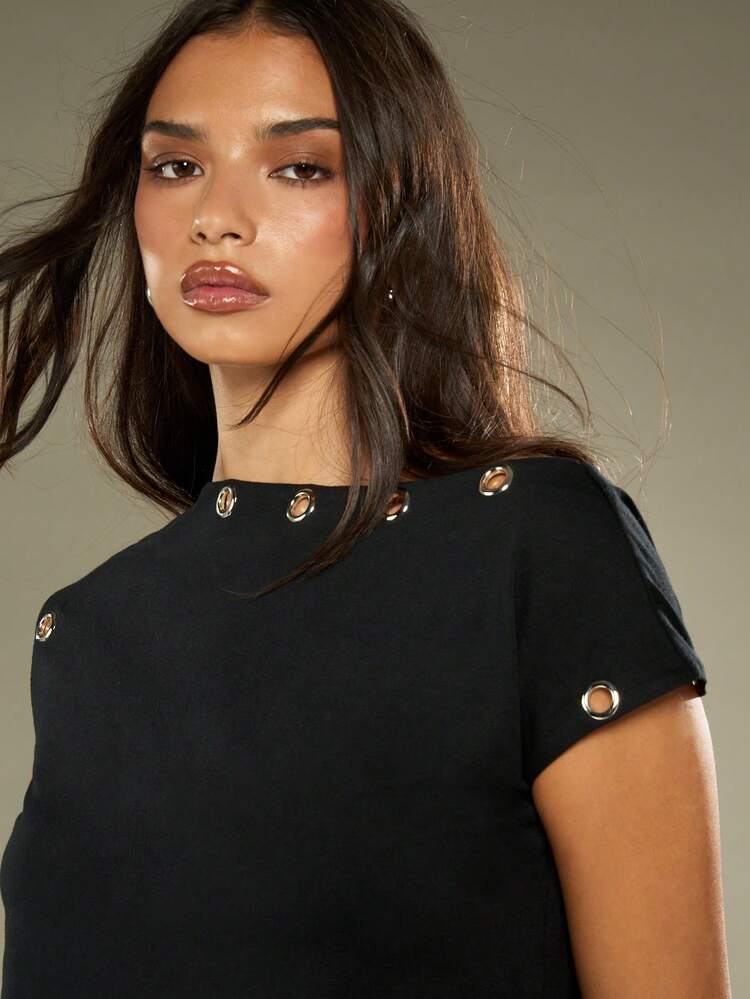 MISSGUIDED Cotton Sleeveless Blouse Top With Metal Grommet Details Short Sleeve Black Summer Fashion Top