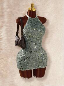 Amplova Váy ngắn hở vai bằng vải sequin trơn màu dành cho nữ - Nhiều màu - Xem 1