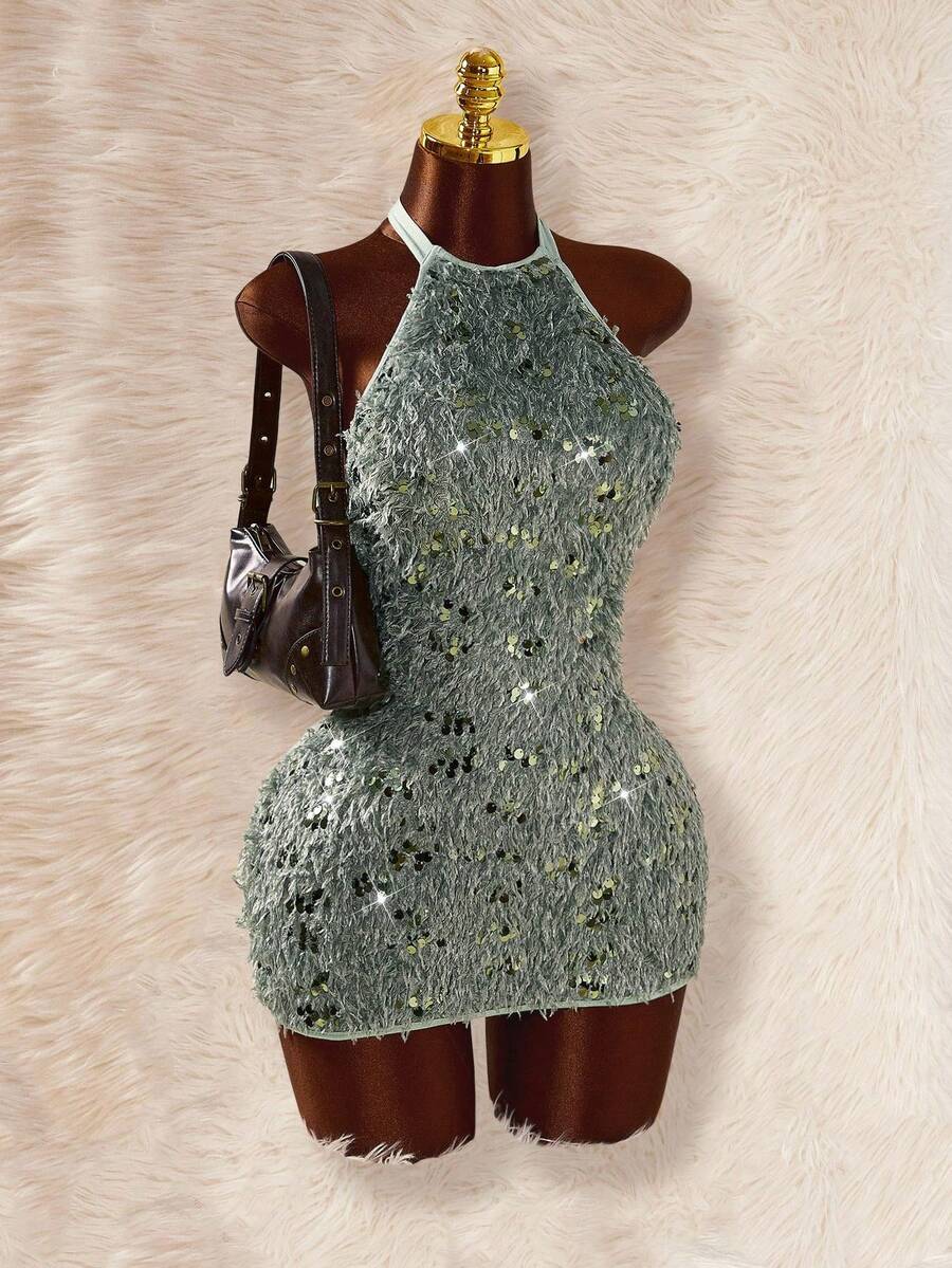 Amplova Váy ngắn hở vai bằng vải sequin trơn màu dành cho nữ - Nhiều màu - Xem 1