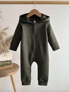 SHEIN 男婴格子连帽连体衣，秋冬季拉链设计加厚保暖外套连体衣，秋季新品 - 墨綠色 - 查看 3