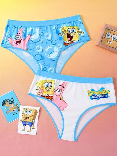 SpongeBob SquarePants | SHEIN 2pcs Plus Size Blue & White Cartoon Pattern Cute Panties,Basic Comfortable Casual Cute Print Brief,Kawaii,Cute Funny Underwear Cartoon Underwear For Women