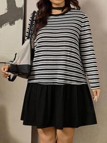 SHEIN LUNE Plus Size Women's Striped Patchwork Solid Hem Mini Dress,Long Sleeves Round Neck A-Line Ruffle Hem Black And White,Autumn,Casual,Everyday Fall Clothes - Black - View 7