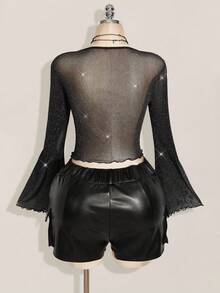 SHEIN ICON 大码闪亮喇叭袖前系带性感方领衬衫 - 黑色 - 查看 2