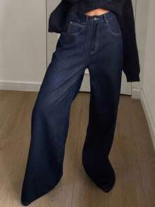 Livesso Women's Solid Color Wide Leg Loose Cargo Pocket Casual Jeans