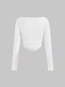 SHEIN MOD Scoop Neck Ruched Side Curved Hem Long Sleeves Slim Fit White Crop Tee - White - View 2