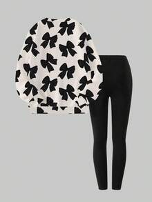 Sparklyn 2pcs Tween Girl Artistic Casual Fashion Sweet Cute Bow Print Full-Width Crew Neck Sweatshirt & Black Leggings Set, Autumn/Winter, Black & White Minimalist Sweatshirt & Leggings Set For Daily Wear & School, Fall Outfit Clothes - Multicolor - View 2