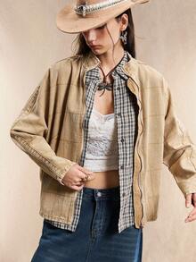 Easelle Women's Plaid Batwing Sleeve Zip-Up Casual Denim Jacket, Autumn Western Jacket Women Boho Western Tops Cowboy Shirts Women Women Western Tops Western Shirts For Women Women Western Clothing Cowboy Shirt Women Women Western Jacket