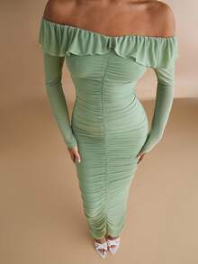 Silquee 鼠尾草绿色飘逸荷叶边露肩长袖优雅连衣长裙，性感别致，适合浪漫约会、派对、情人节、日常穿着、休闲外出、夜总会、派对、鸡尾酒会、泳池派对、学校季节、节日、女士连衣裙、婚礼、海滩活动、夜间外出和聚会 - 薄荷綠 - 查看 7