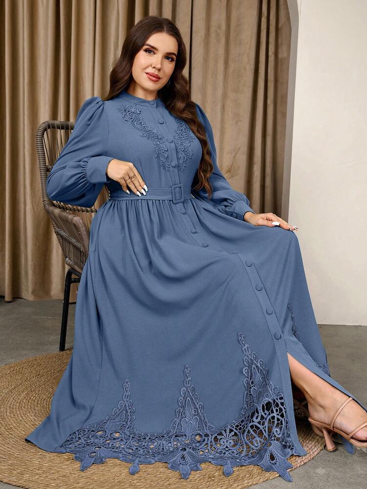 Graceveil Plus Size Long Sleeve Solid Color Lace Waist Belt Elegant Casual Dress - Blue - View 7