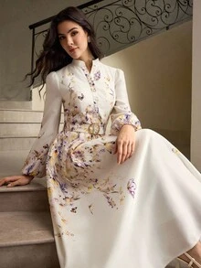ZEYLAH Váy tay đèn lồng họa tiết hoa thanh lịch, mùa thu - Màu be - Xem 6