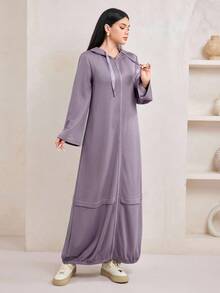Veilorie Women's Casual Zip-Up Solid Color Hooded Long Sweatshirt Dress In Fall/Winter - Dusty Purple - View 5
