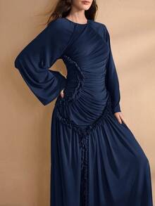 Graceveil Women's Extra Long Spring/Summer Mesh Knit Ruffle Hem Split Modest Elegant Charming Fashion Dress - Navy Blue - View 6