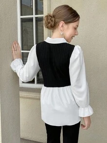 Streelcool Girls Blouse,Black And White Elegant Faux Fur Knit Ribbed Patchwork Shirt,High Waist Ruffle Hem,Puff Lantern Sleeves,School,Back-To-School - Black and White - View 2