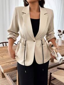 Weeklong Plus Size Casual Minimalist Blazer With Adjustable Drawstring Waist - Apricot - View 5