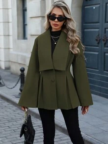 EMERY ROSE 女士优雅通勤休闲法式翻领 V 领双排扣开腰 A 字褶喇叭袖宽松袖口长袖羊毛大衣，适合春秋冬季 - 軍綠色 - 查看 4