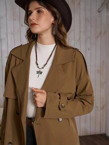 女士复古经典双排扣翻领系腰休闲中长款风衣，LanaWest - 棕色 - 查看 6