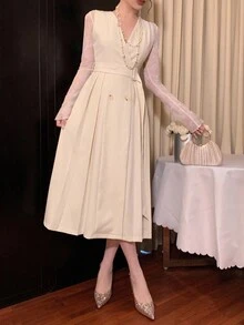 DAZY Women's Elegant V-Neck Sleeveless Belted Mid-Length Dress, Party Wear - Beige - View 10